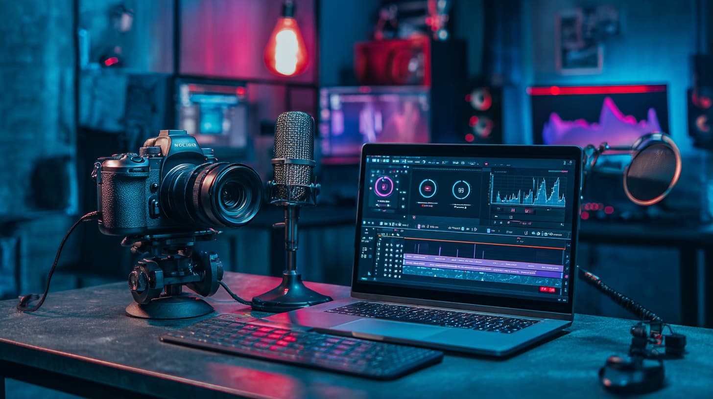 A collection of professional camera gear and software icons representing the creator toolkit.